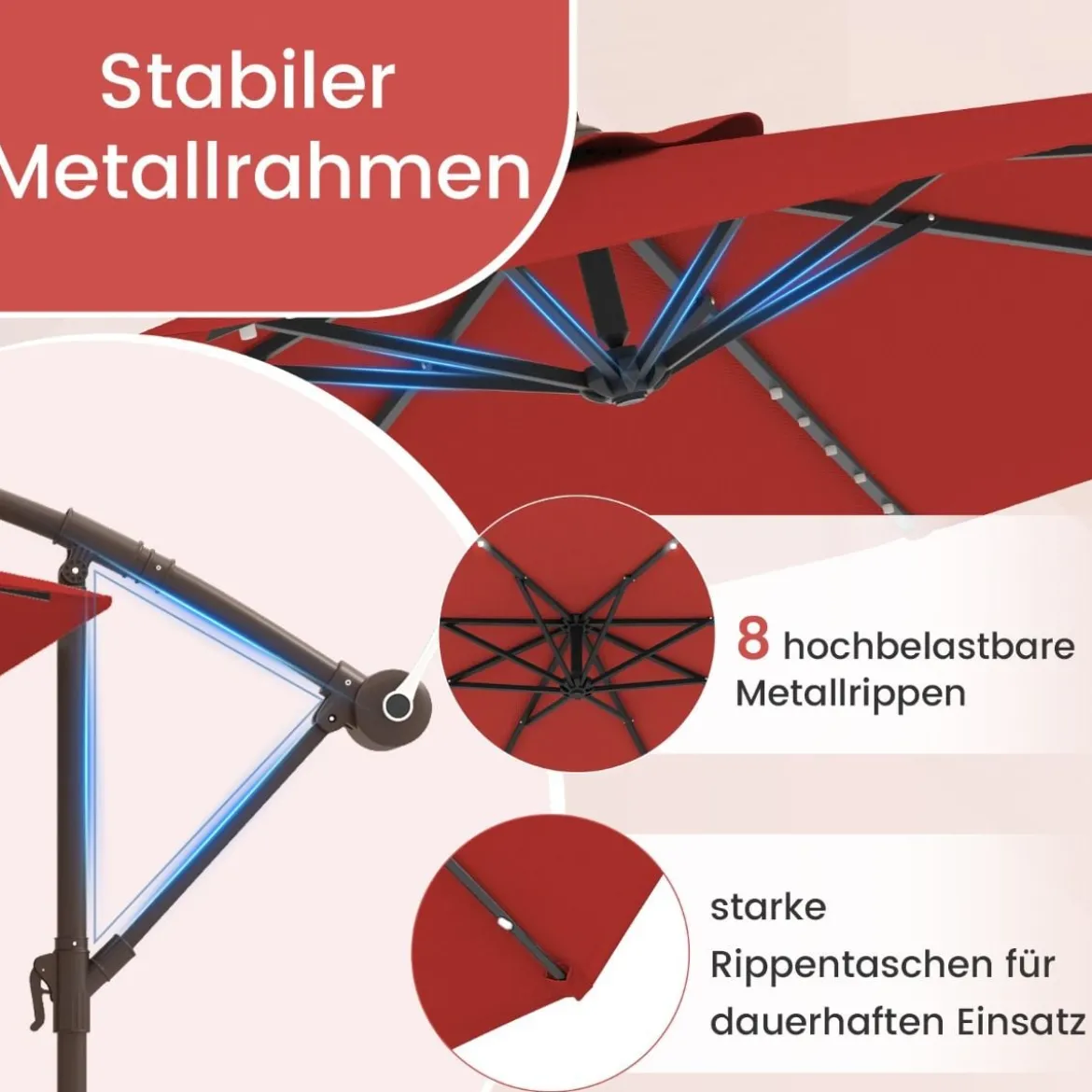 Ø300 cm Ampelschirm mit 40 Solar-LED-Leuchten & Sandsäcke & Kurbel & UV-Schutz Sonnenschirm