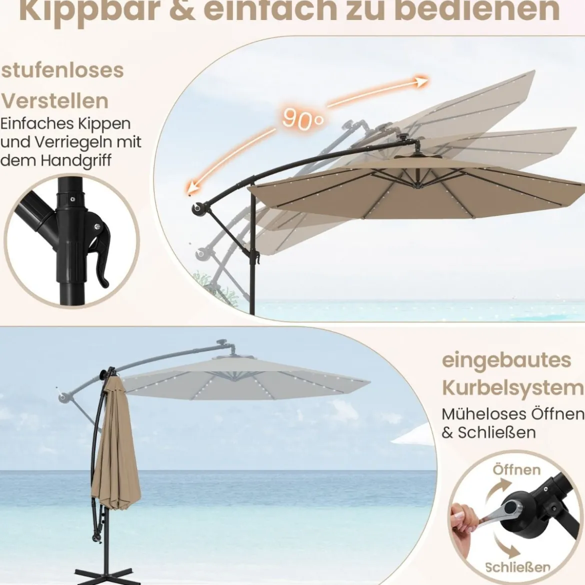 Ø300 cm Ampelschirm mit 40 Solar-LED-Leuchten & Sandsäcke & Kurbel & UV-Schutz Sonnenschirm