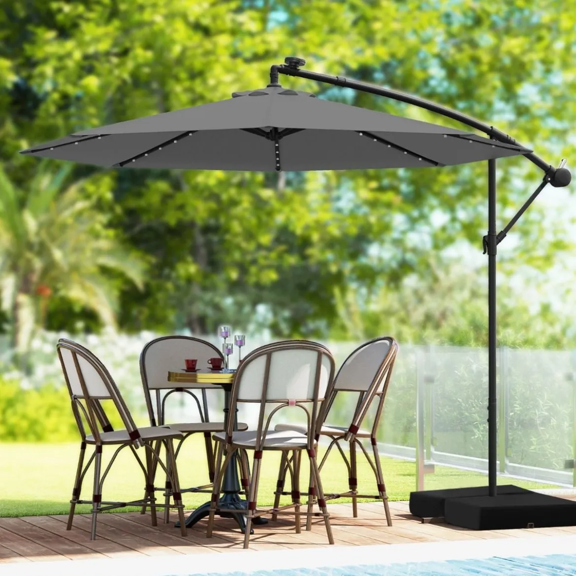 Ø300 cm Ampelschirm mit 40 Solar-LED-Leuchten & Sandsäcke & Kurbel & UV-Schutz Sonnenschirm
