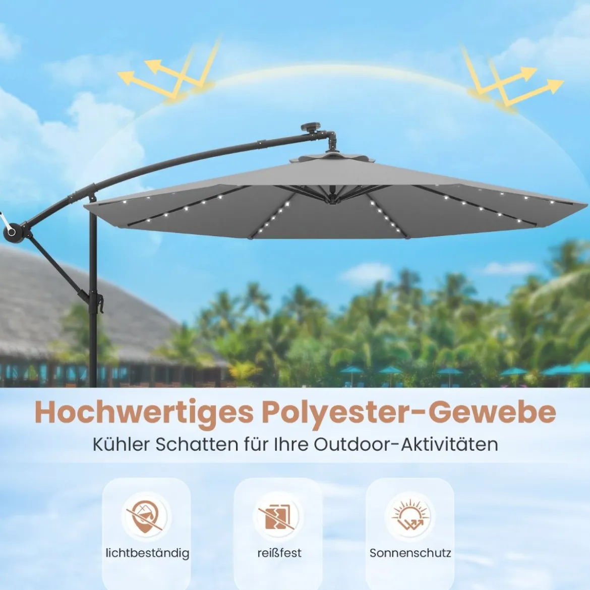 Ø300 cm Ampelschirm mit 40 Solar-LED-Leuchten & Sandsäcke & Kurbel & UV-Schutz Sonnenschirm