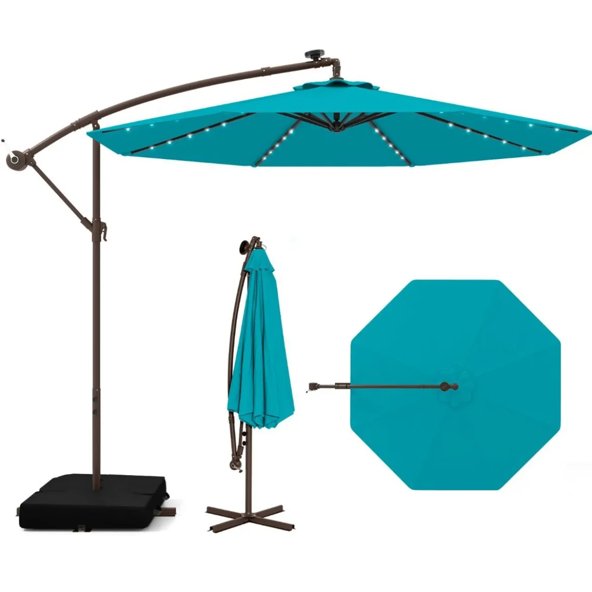 Ø300 cm Ampelschirm mit 40 Solar-LED-Leuchten & Sandsäcke & Kurbel & UV-Schutz Sonnenschirm