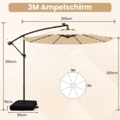 Ø300 cm Ampelschirm mit 40 Solar-LED-Leuchten & Sandsäcke & Kurbel & UV-Schutz Sonnenschirm