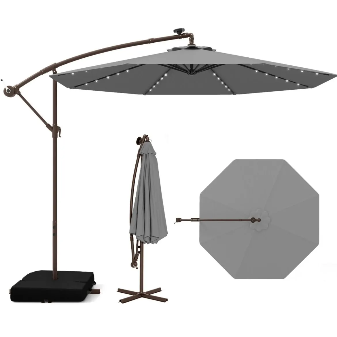 Ø300 cm Ampelschirm mit 40 Solar-LED-Leuchten & Sandsäcke & Kurbel & UV-Schutz Sonnenschirm
