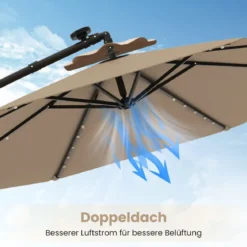 Ø300 cm Ampelschirm mit 40 Solar-LED-Leuchten & Sandsäcke & Kurbel & UV-Schutz Sonnenschirm