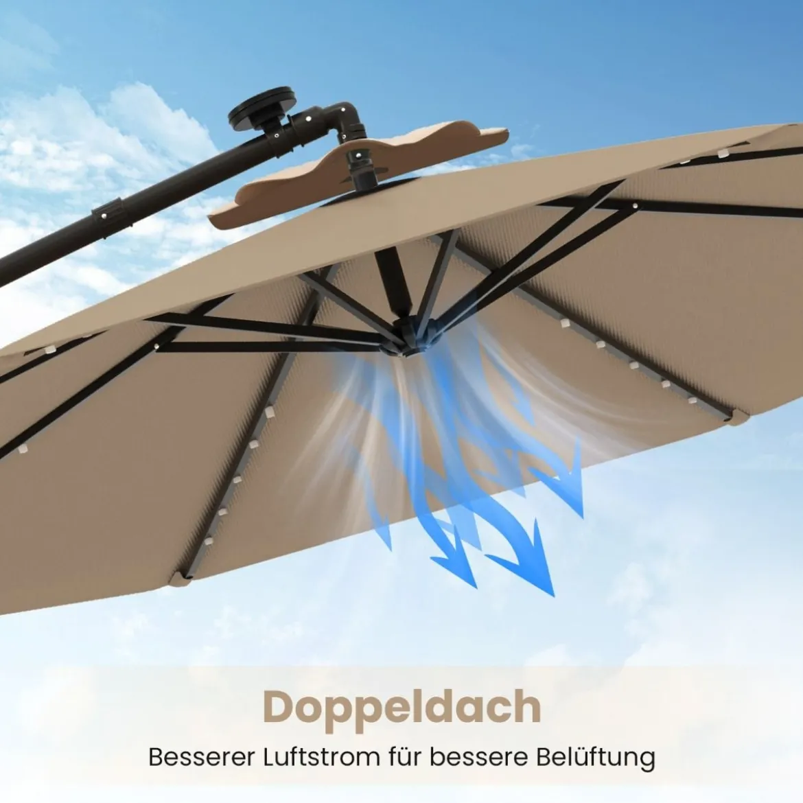 Ø300 cm Ampelschirm mit 40 Solar-LED-Leuchten & Sandsäcke & Kurbel & UV-Schutz Sonnenschirm