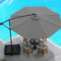 Ø300 cm Ampelschirm mit 40 Solar-LED-Leuchten & Sandsäcke & Kurbel & UV-Schutz Sonnenschirm