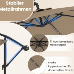 Ø300 cm Ampelschirm mit 40 Solar-LED-Leuchten & Sandsäcke & Kurbel & UV-Schutz Sonnenschirm