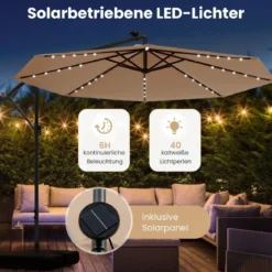 Ø300 cm Ampelschirm mit 40 Solar-LED-Leuchten & Sandsäcke & Kurbel & UV-Schutz Sonnenschirm