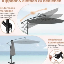 Ø300 cm Ampelschirm mit 40 Solar-LED-Leuchten & Sandsäcke & Kurbel & UV-Schutz Sonnenschirm