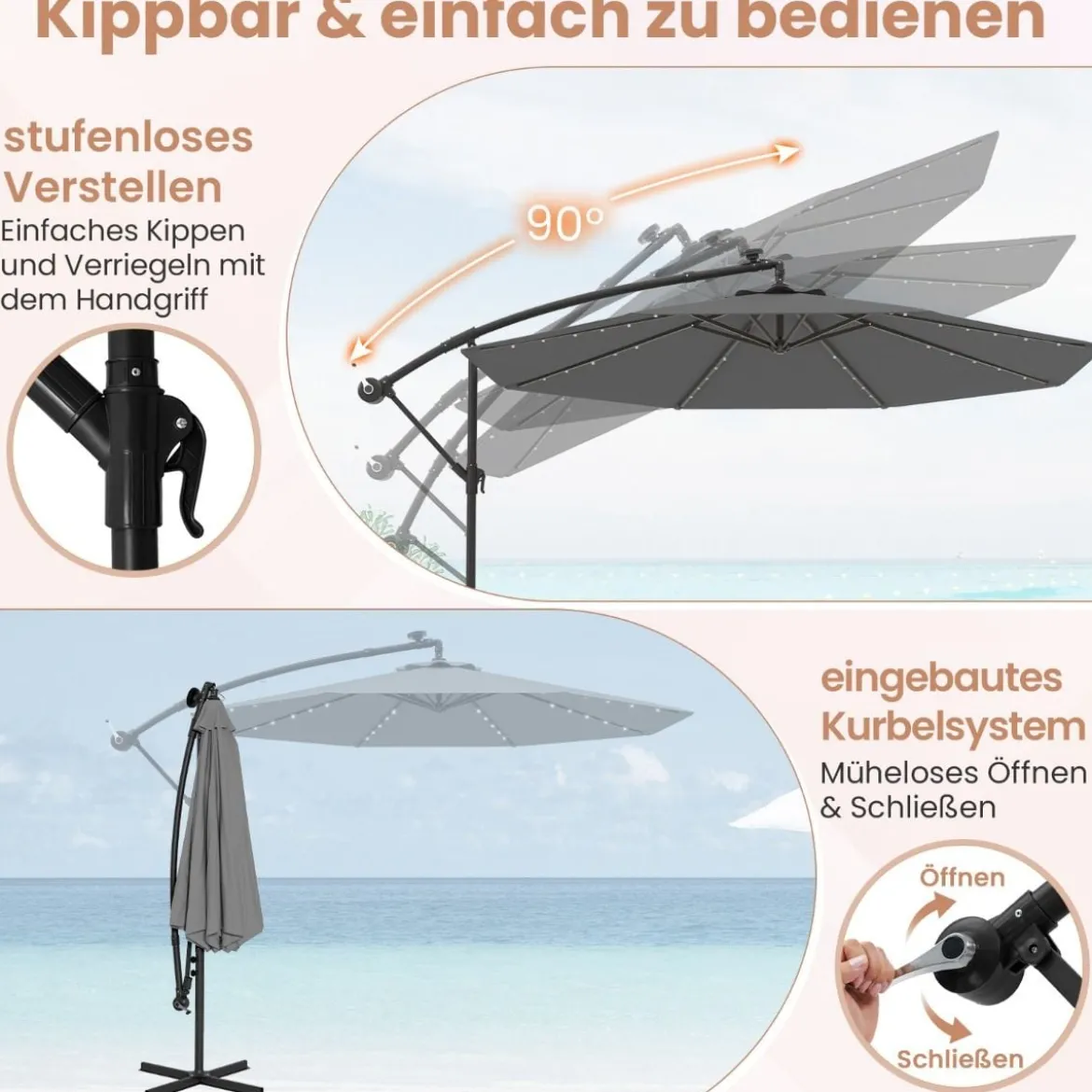 Ø300 cm Ampelschirm mit 40 Solar-LED-Leuchten & Sandsäcke & Kurbel & UV-Schutz Sonnenschirm