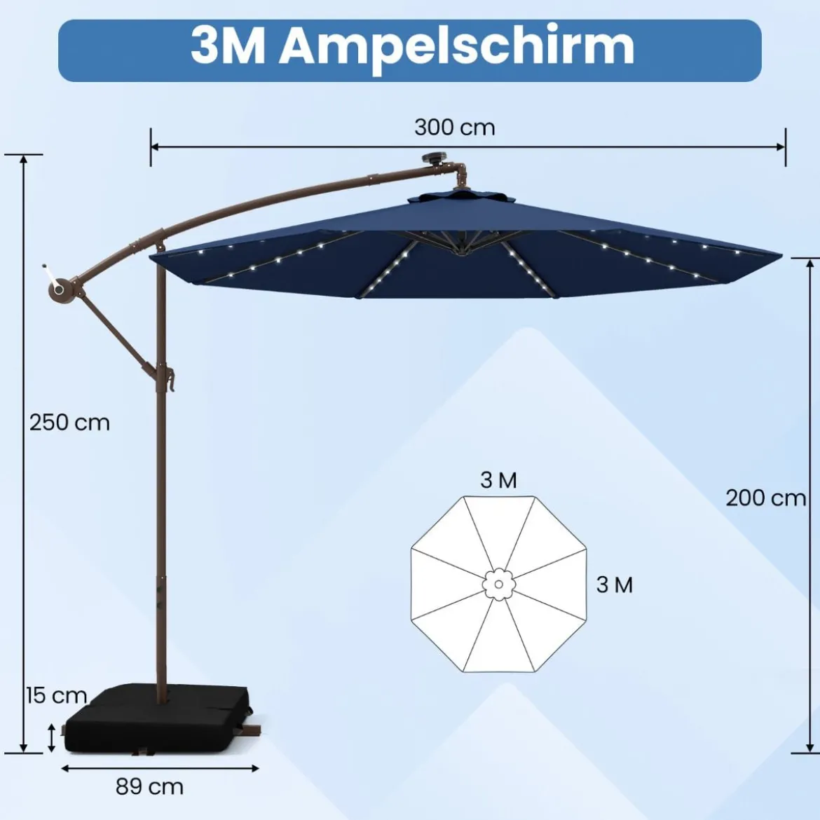Ø300 cm Ampelschirm mit 40 Solar-LED-Leuchten & Sandsäcke & Kurbel & UV-Schutz Sonnenschirm