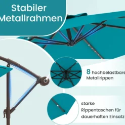 Ø300 cm Ampelschirm mit 40 Solar-LED-Leuchten & Sandsäcke & Kurbel & UV-Schutz Sonnenschirm