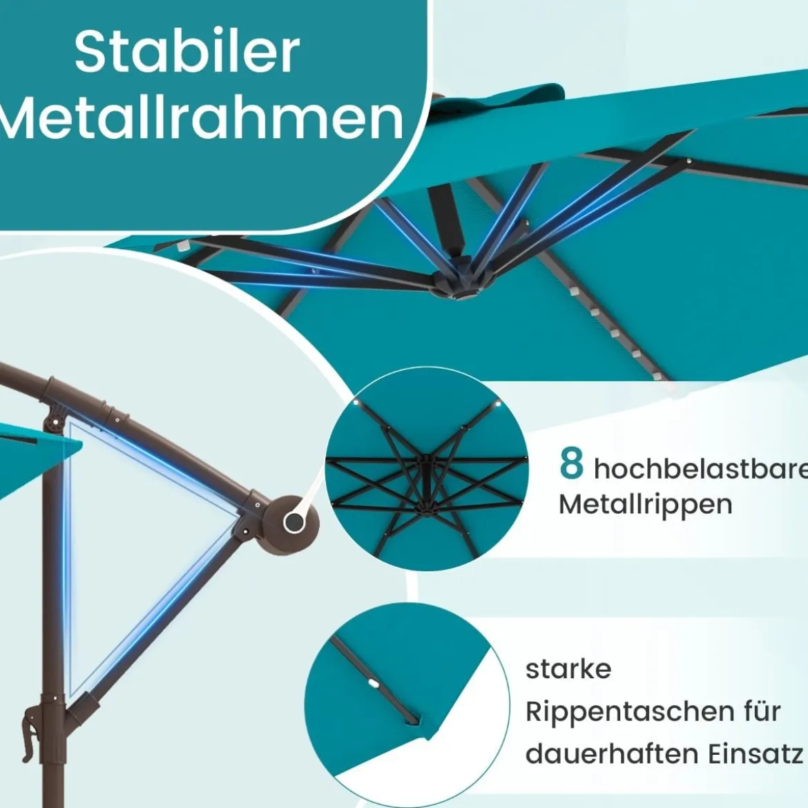 Ø300 cm Ampelschirm mit 40 Solar-LED-Leuchten & Sandsäcke & Kurbel & UV-Schutz Sonnenschirm