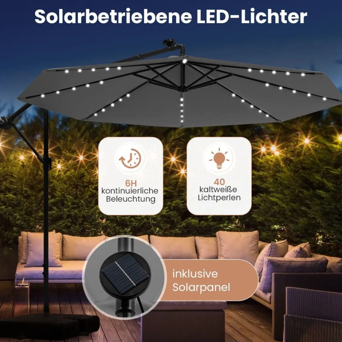 Ø300 cm Ampelschirm mit 40 Solar-LED-Leuchten & Sandsäcke & Kurbel & UV-Schutz Sonnenschirm