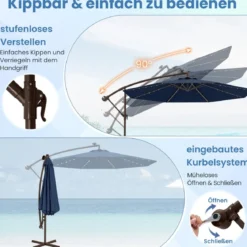 Ø300 cm Ampelschirm mit 40 Solar-LED-Leuchten & Sandsäcke & Kurbel & UV-Schutz Sonnenschirm
