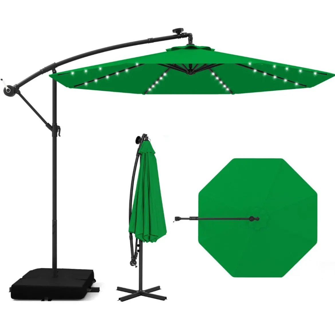 Ø300 cm Ampelschirm mit 40 Solar-LED-Leuchten & Sandsäcke & Kurbel & UV-Schutz Sonnenschirm