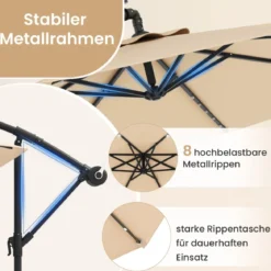 Ø300 cm Ampelschirm mit 40 Solar-LED-Leuchten & Sandsäcke & Kurbel & UV-Schutz Sonnenschirm