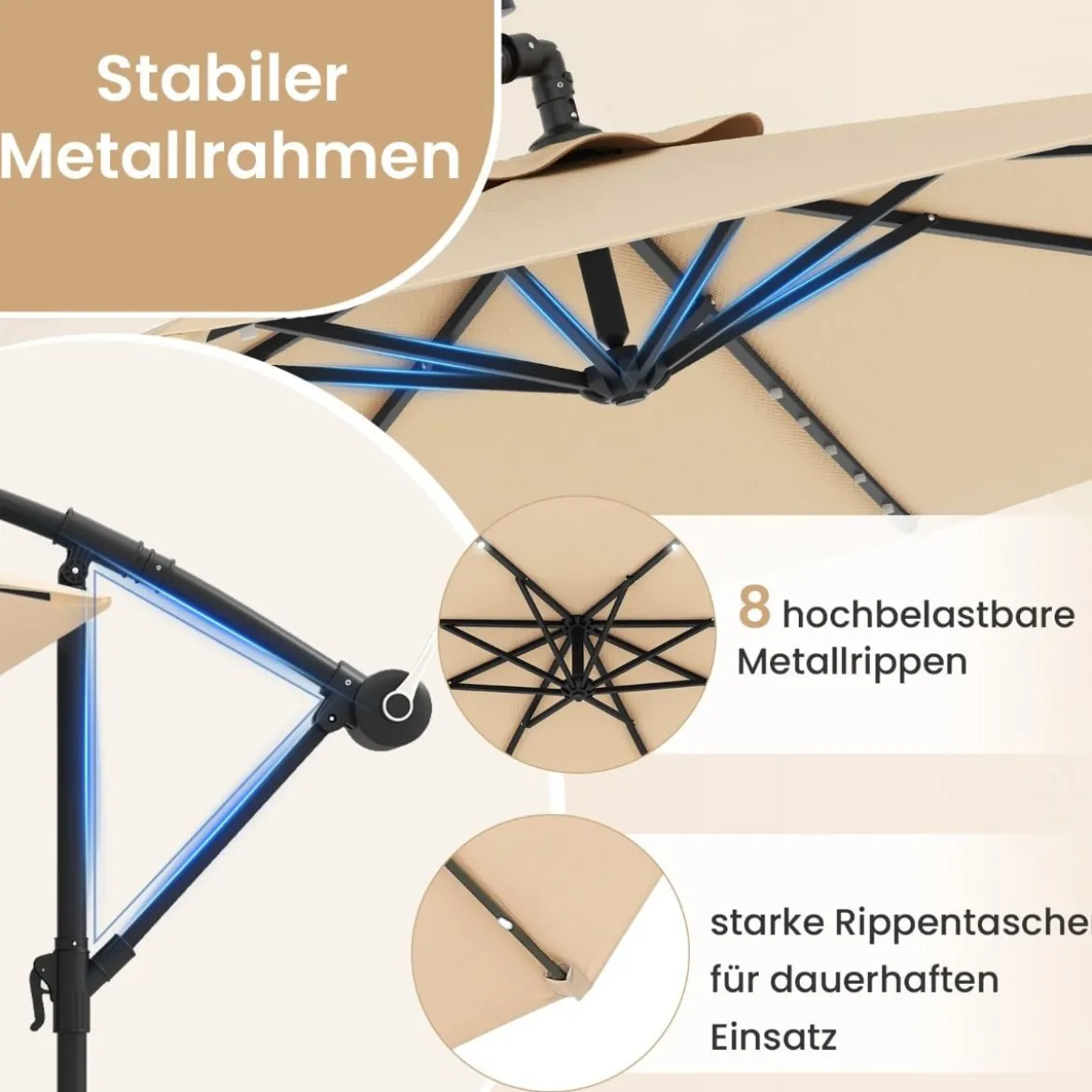 Ø300 cm Ampelschirm mit 40 Solar-LED-Leuchten & Sandsäcke & Kurbel & UV-Schutz Sonnenschirm