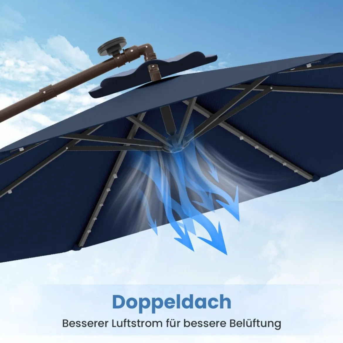 Ø300 cm Ampelschirm mit 40 Solar-LED-Leuchten & Sandsäcke & Kurbel & UV-Schutz Sonnenschirm
