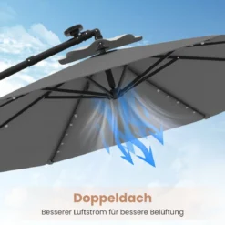 Ø300 cm Ampelschirm mit 40 Solar-LED-Leuchten & Sandsäcke & Kurbel & UV-Schutz Sonnenschirm