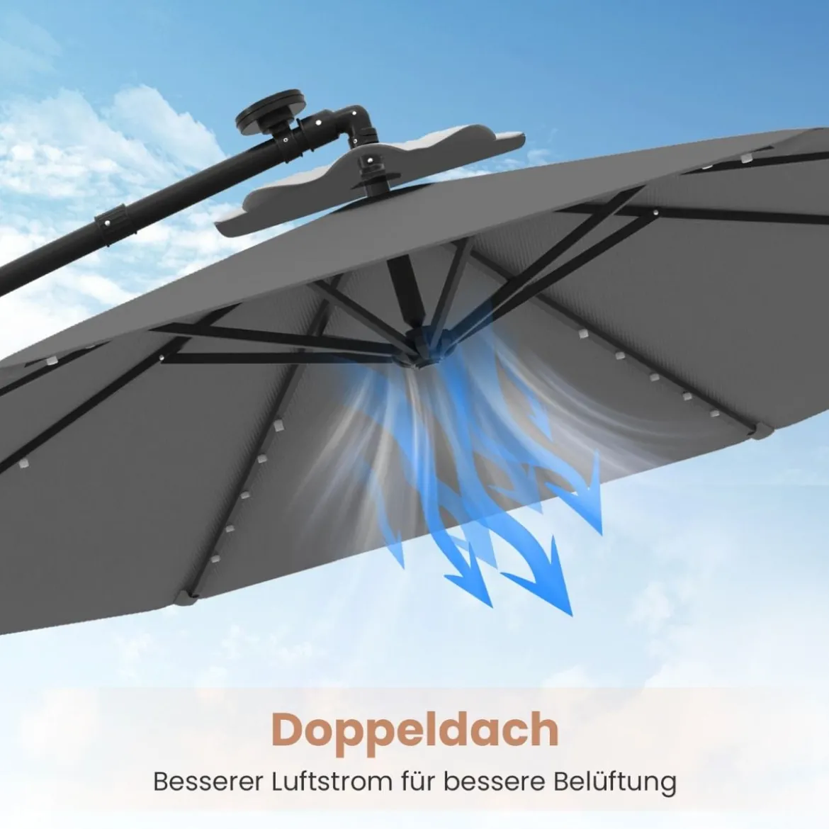 Ø300 cm Ampelschirm mit 40 Solar-LED-Leuchten & Sandsäcke & Kurbel & UV-Schutz Sonnenschirm