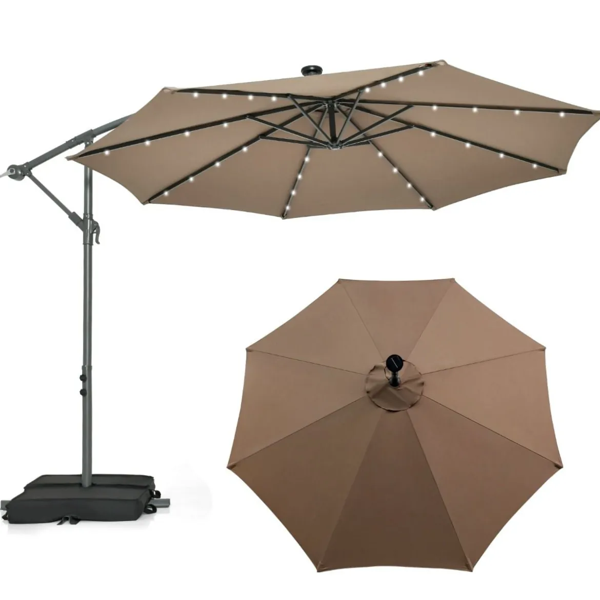 Ø300 cm Ampelschirm mit 40 Solar-LED-Leuchten & Sandsäcke & Kurbel & UV-Schutz Sonnenschirm