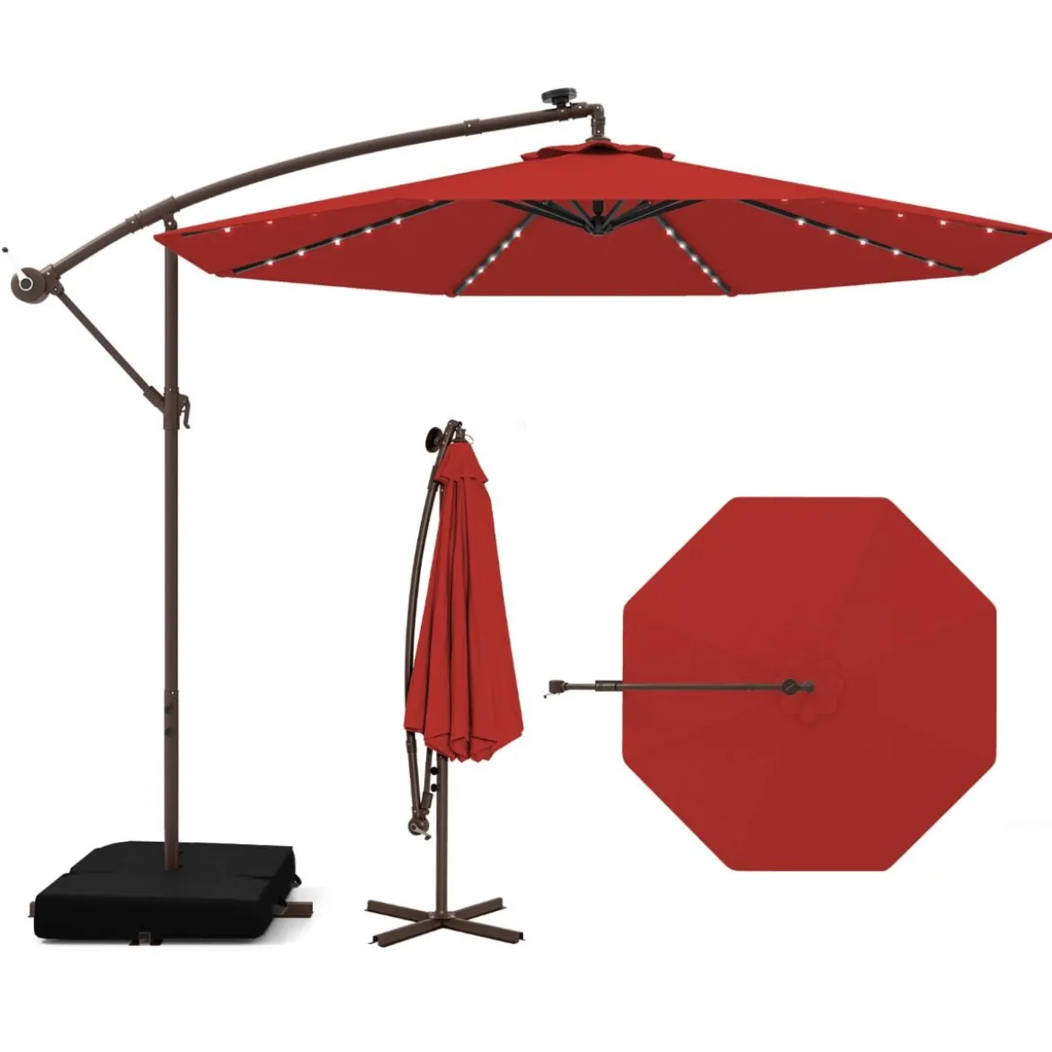 Ø300 cm Ampelschirm mit 40 Solar-LED-Leuchten & Sandsäcke & Kurbel & UV-Schutz Sonnenschirm