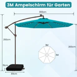 Ø300 cm Ampelschirm mit 40 Solar-LED-Leuchten & Sandsäcke & Kurbel & UV-Schutz Sonnenschirm