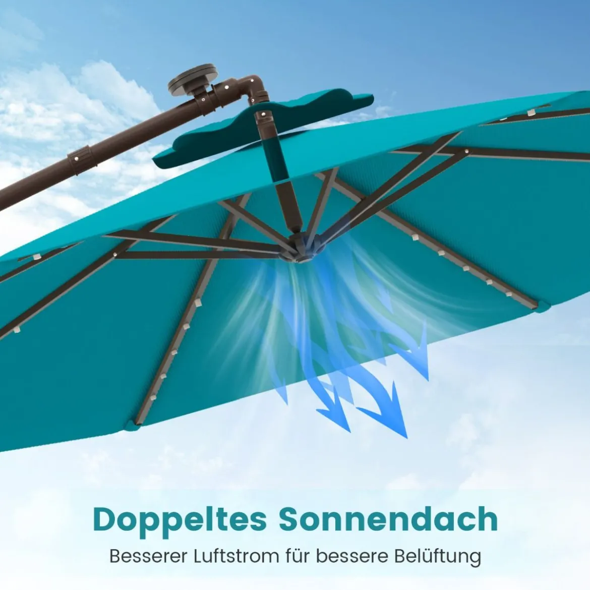 Ø300 cm Ampelschirm mit 40 Solar-LED-Leuchten & Sandsäcke & Kurbel & UV-Schutz Sonnenschirm