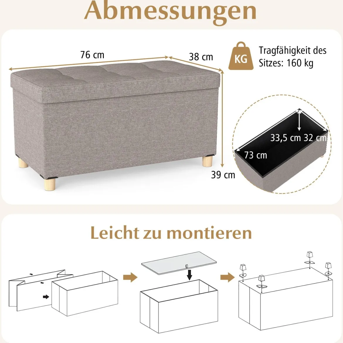 76 cm Aufbewahrungsbank Leinenstoff Bank am Bettende mit Tablett & Gummibaumholzbeinen Grau