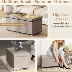 76 cm Aufbewahrungsbank Leinenstoff Bank am Bettende mit Tablett & Gummibaumholzbeinen Grau