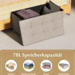 76 cm Aufbewahrungsbank Leinenstoff Bank am Bettende mit Tablett & Gummibaumholzbeinen Grau