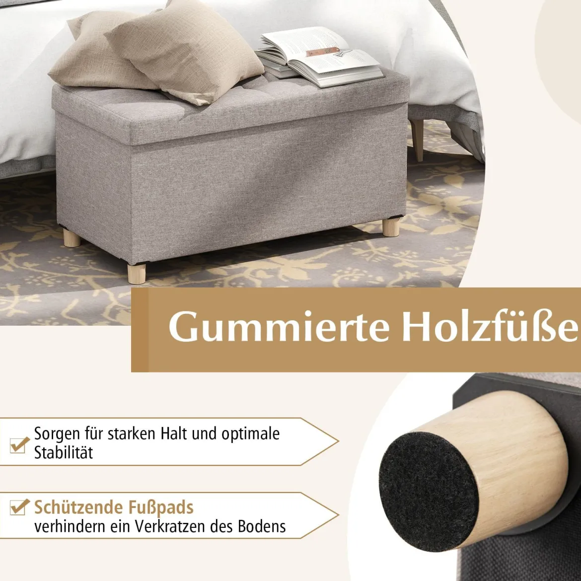76 cm Aufbewahrungsbank Leinenstoff Bank am Bettende mit Tablett & Gummibaumholzbeinen Grau