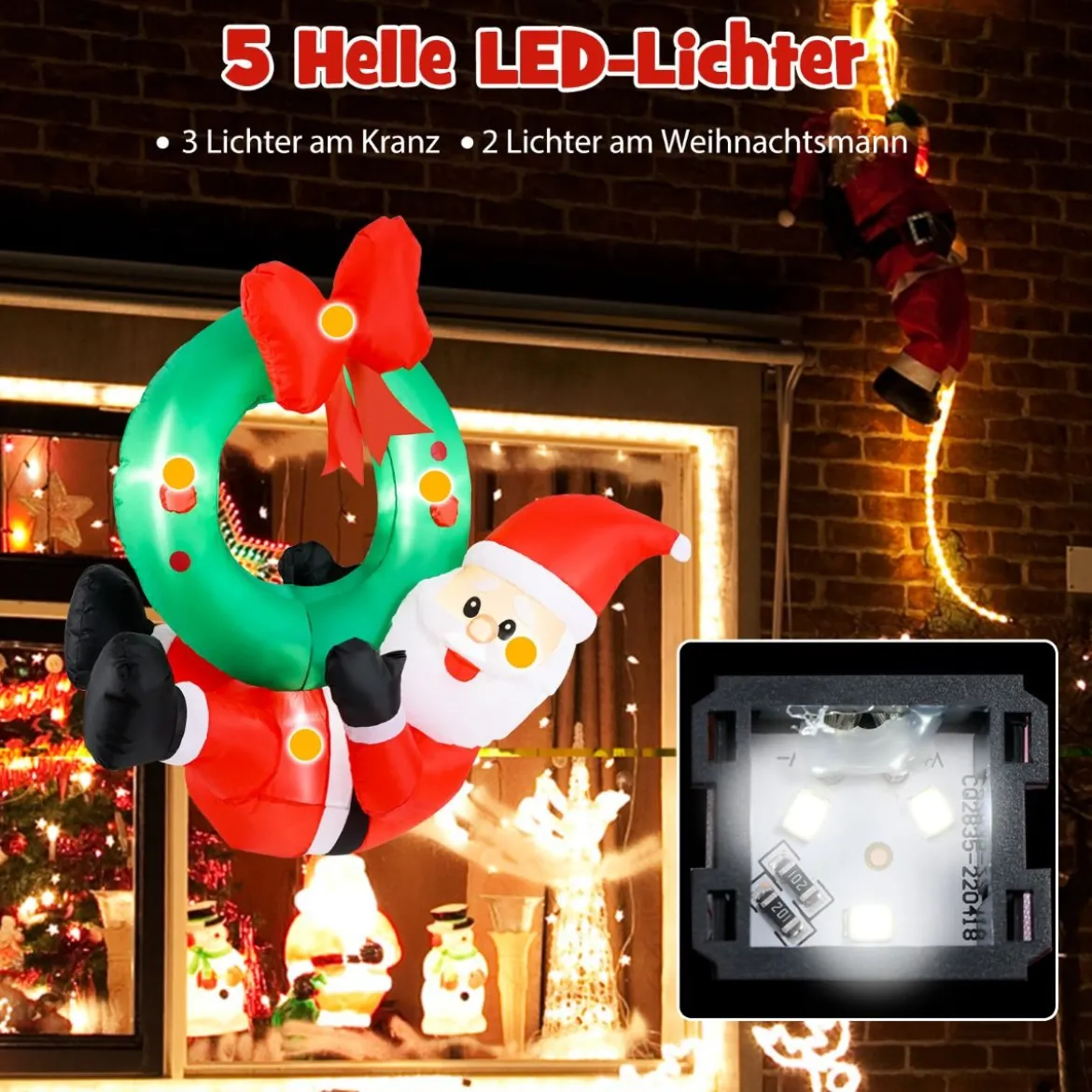 120CM Aufblasbare Deko Weihnachten LED Weihnachtsmann mit Kranz Weihnachtsdekoration Wand draußen