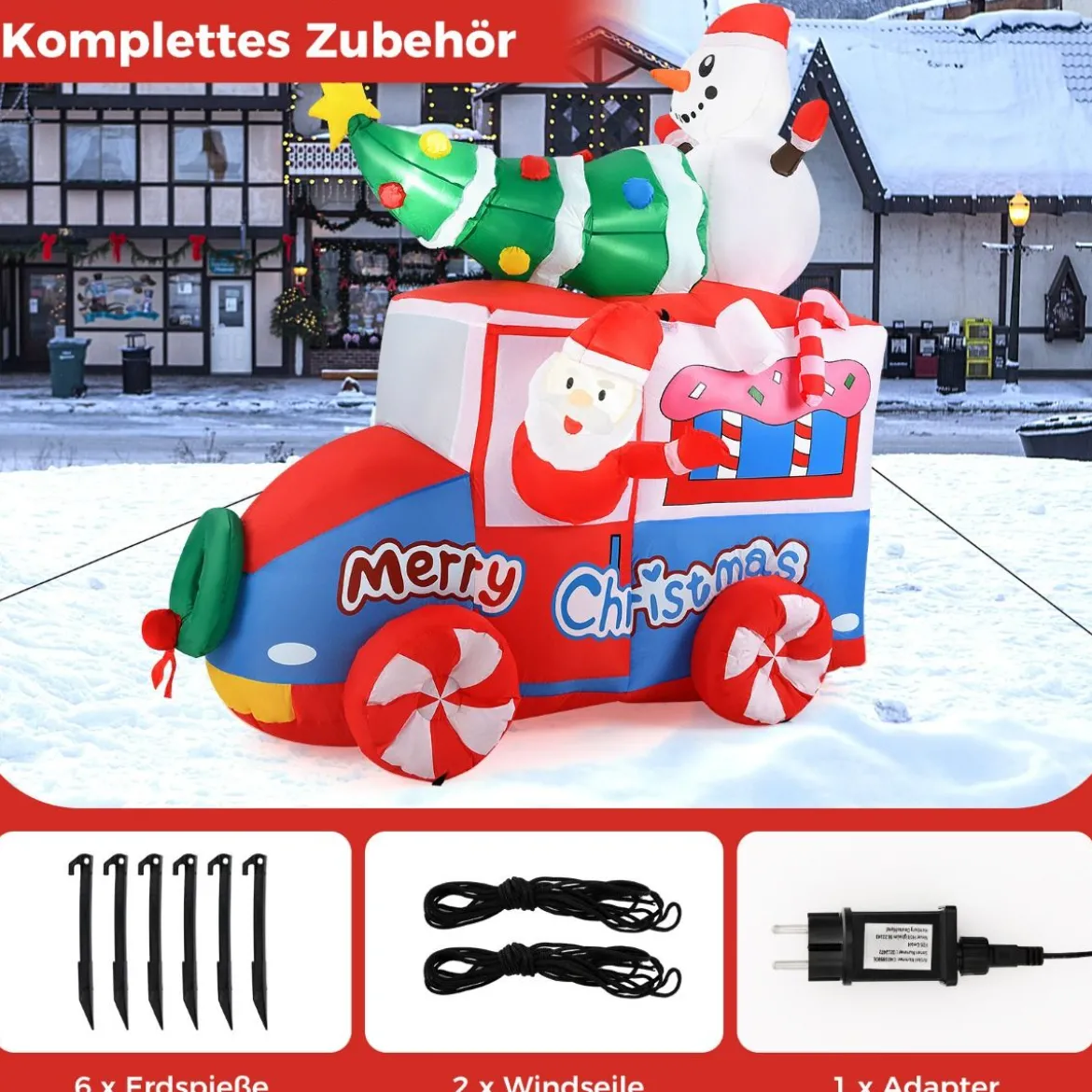 177cm Aufblasbare Deko Weihnachten LED Weihnachtsmann im Auto Weihnachtsdekoration mit Schneemann