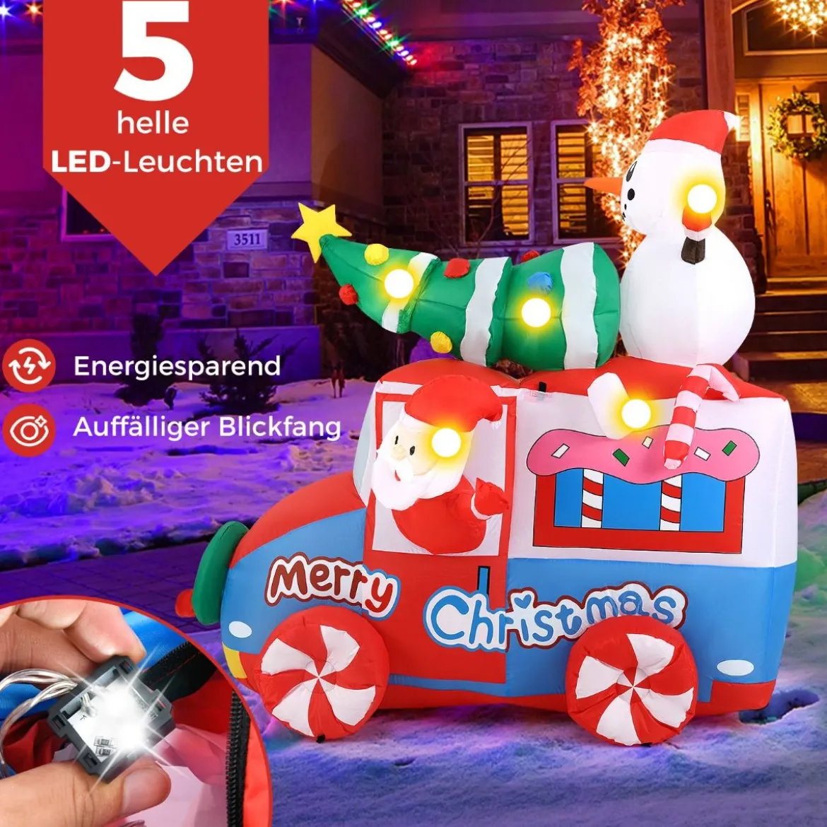 177cm Aufblasbare Deko Weihnachten LED Weihnachtsmann im Auto Weihnachtsdekoration mit Schneemann