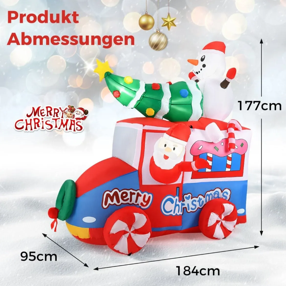 177cm Aufblasbare Deko Weihnachten LED Weihnachtsmann im Auto Weihnachtsdekoration mit Schneemann