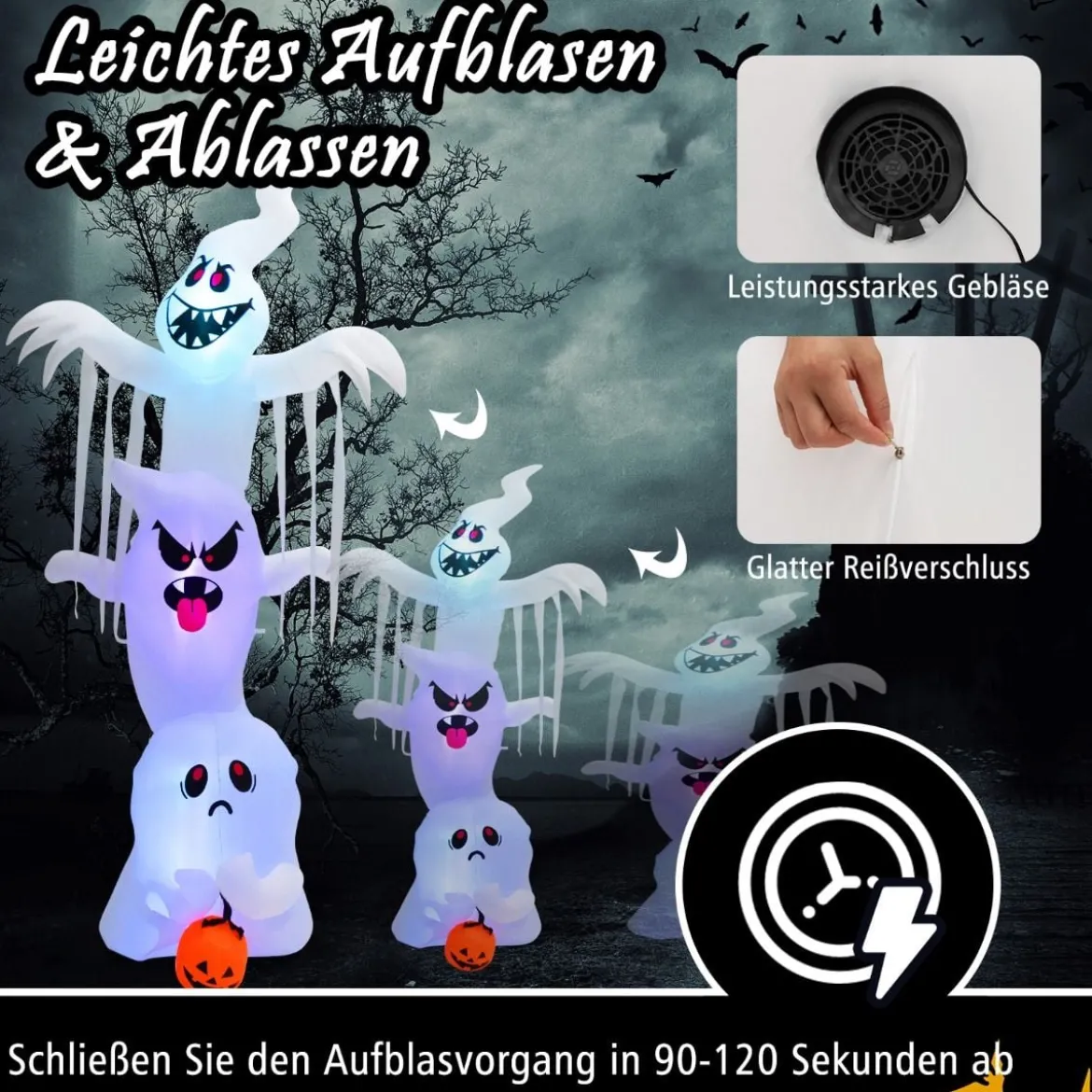 310 cm Aufblasbare Gestapelte Halloween-Geister Halloween-Dekoration mit bunten RGB-Lichtern Weiß