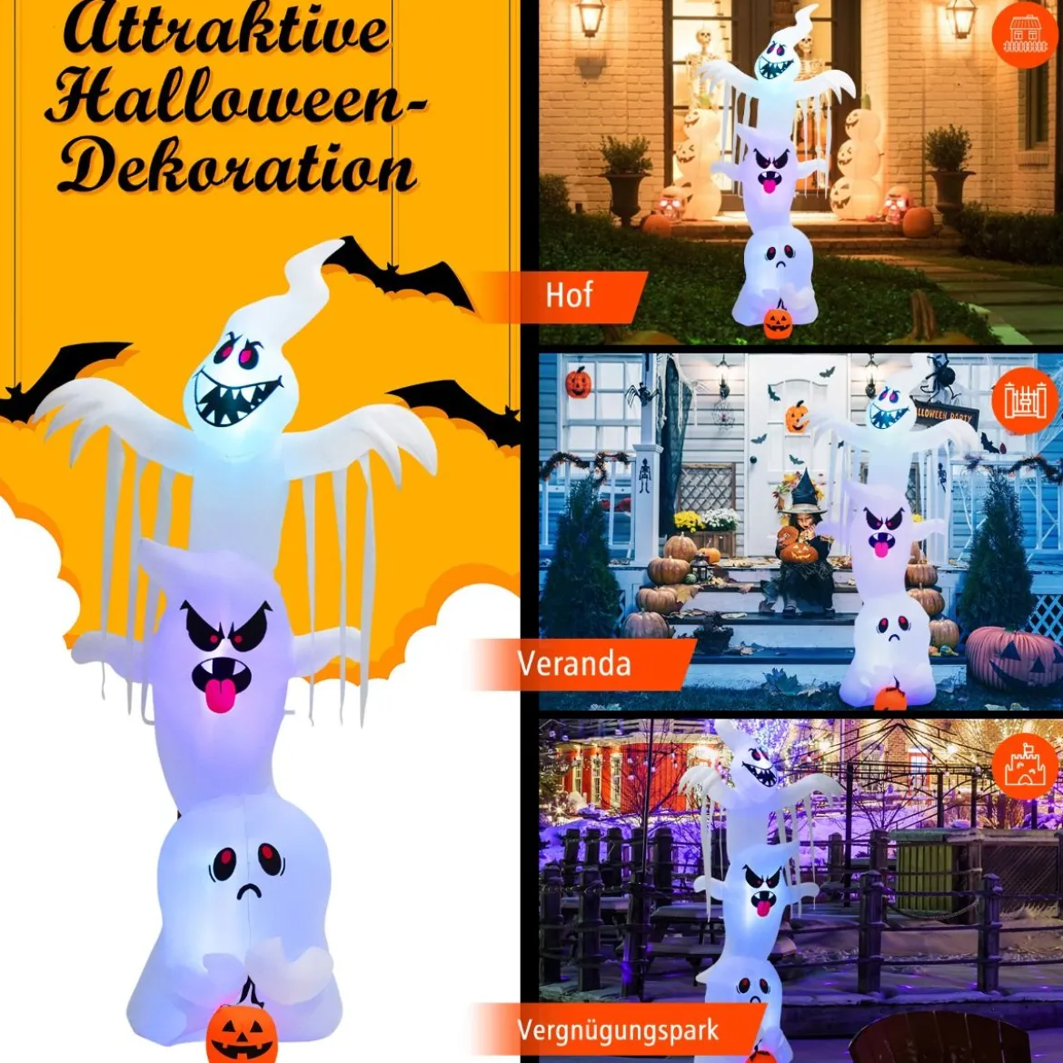310 cm Aufblasbare Gestapelte Halloween-Geister Halloween-Dekoration mit bunten RGB-Lichtern Weiß