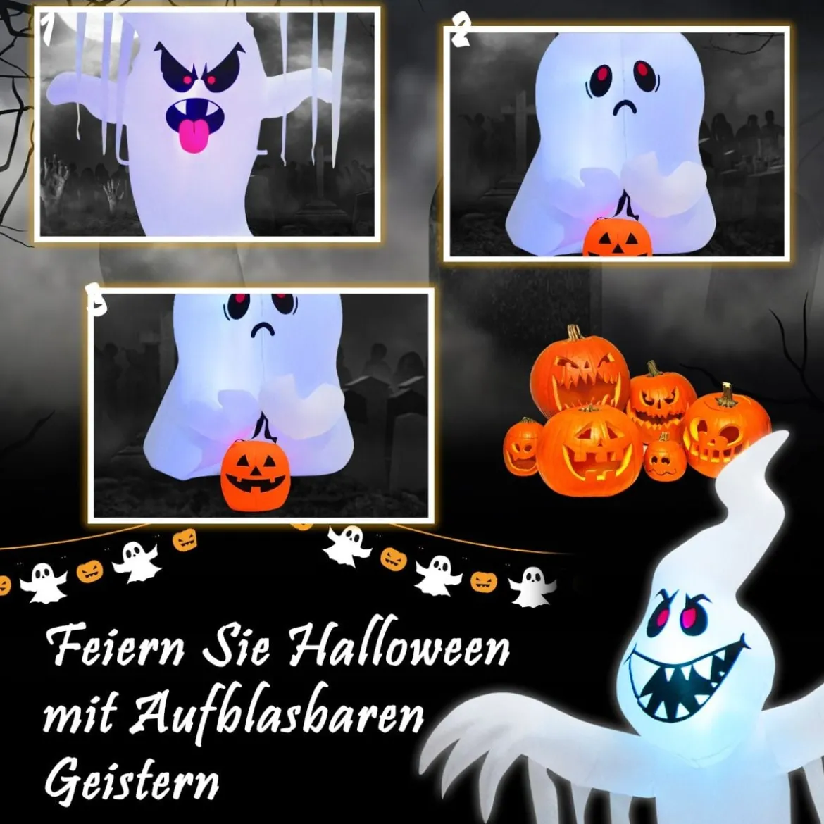 310 cm Aufblasbare Gestapelte Halloween-Geister Halloween-Dekoration mit bunten RGB-Lichtern Weiß