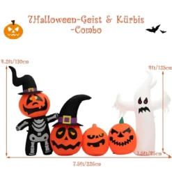 226 cm Aufblasbare Halloween-Dekoration mit LED-Leuchten Geister- und Hexenhüten