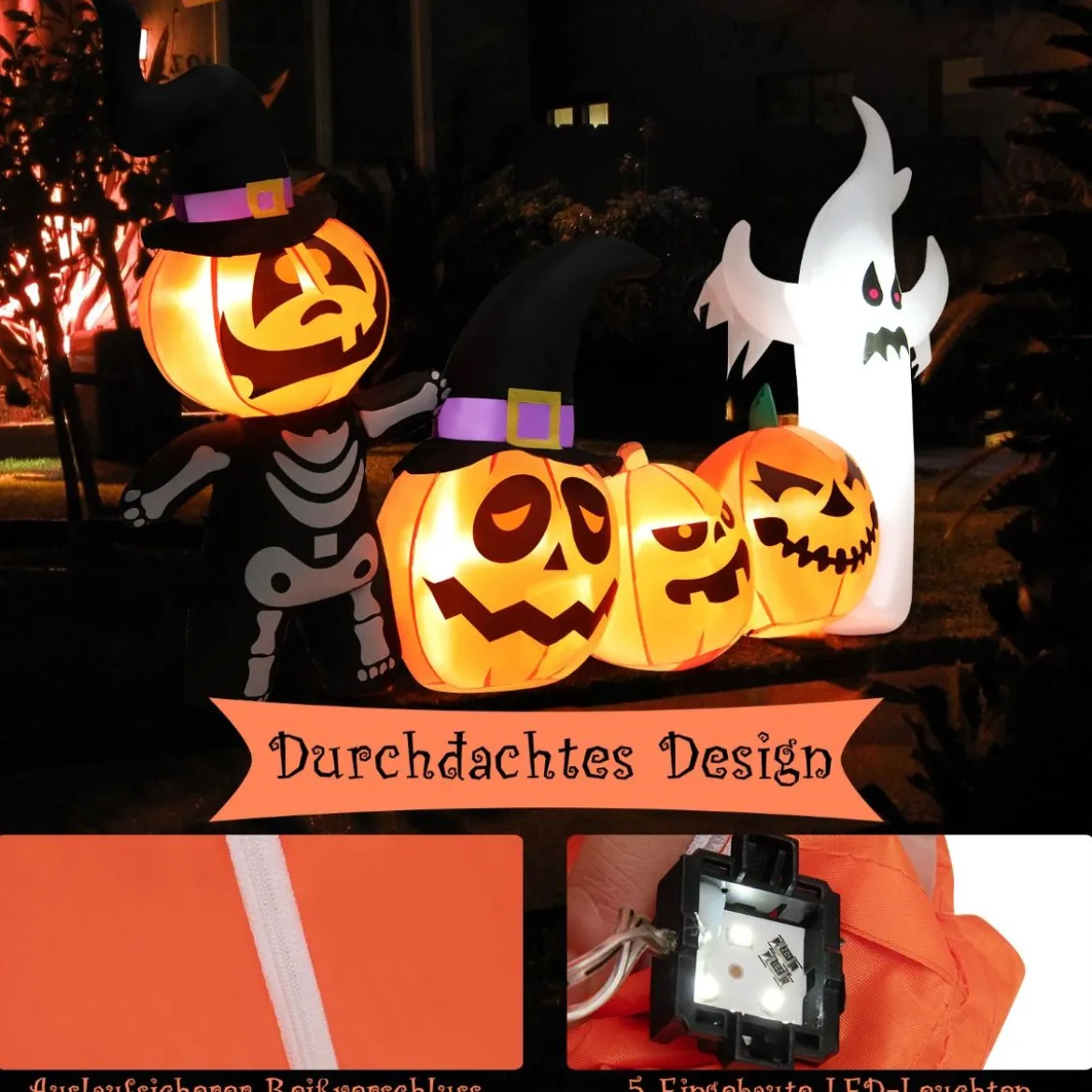 226 cm Aufblasbare Halloween-Dekoration mit LED-Leuchten Geister- und Hexenhüten
