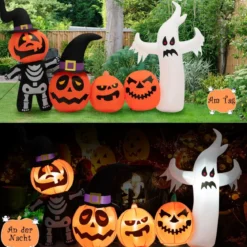226 cm Aufblasbare Halloween-Dekoration mit LED-Leuchten Geister- und Hexenhüten