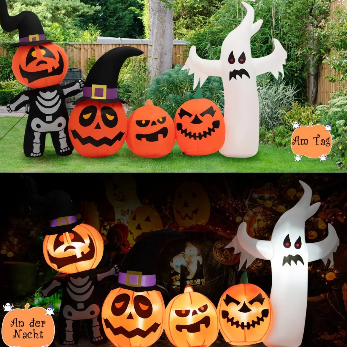 226 cm Aufblasbare Halloween-Dekoration mit LED-Leuchten Geister- und Hexenhüten