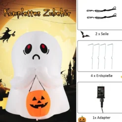 120 cm Aufblasbarer Halloween-Geist mit Kürbis Halloween-Dekoration mit LED-Leuchten Weiß + Orange