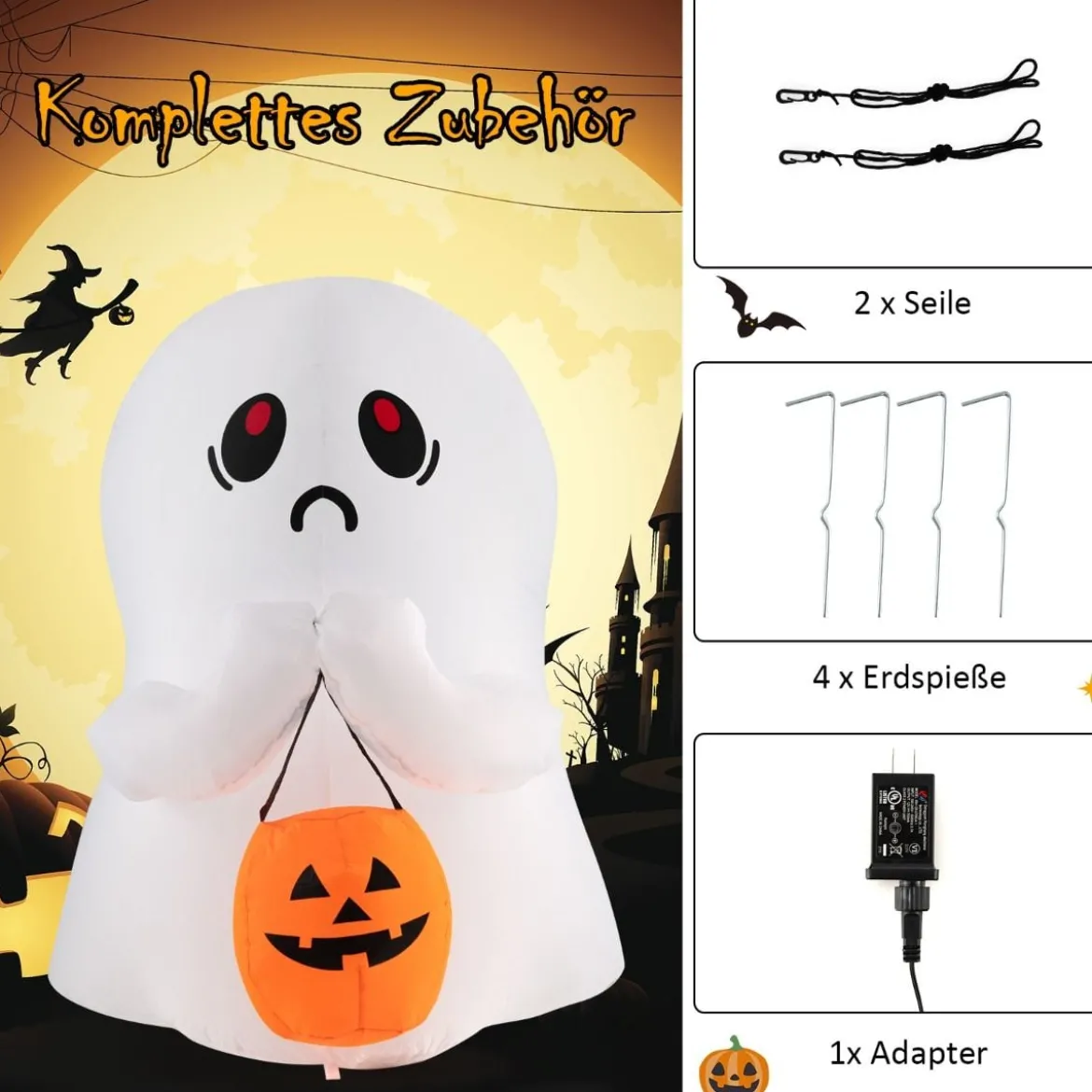 120 cm Aufblasbarer Halloween-Geist mit Kürbis Halloween-Dekoration mit LED-Leuchten Weiß + Orange