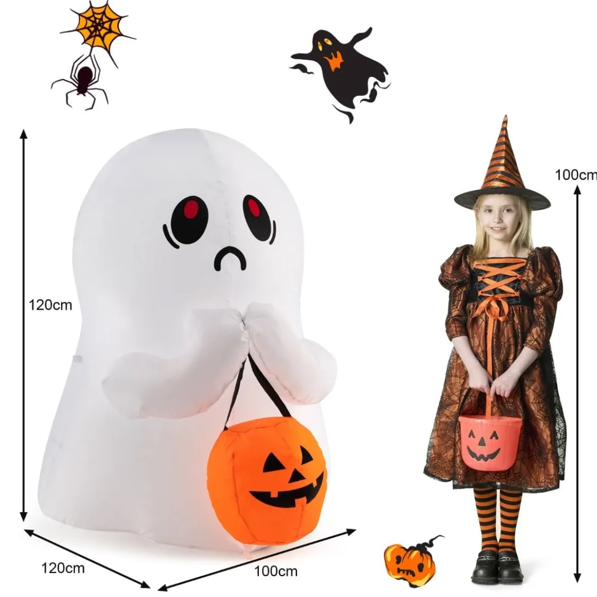 120 cm Aufblasbarer Halloween-Geist mit Kürbis Halloween-Dekoration mit LED-Leuchten Weiß + Orange