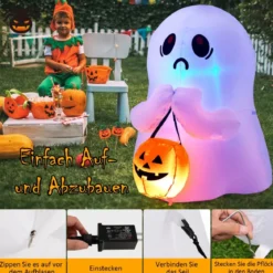 120 cm Aufblasbarer Halloween-Geist mit Kürbis Halloween-Dekoration mit LED-Leuchten Weiß + Orange