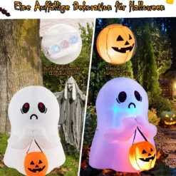 120 cm Aufblasbarer Halloween-Geist mit Kürbis Halloween-Dekoration mit LED-Leuchten Weiß + Orange