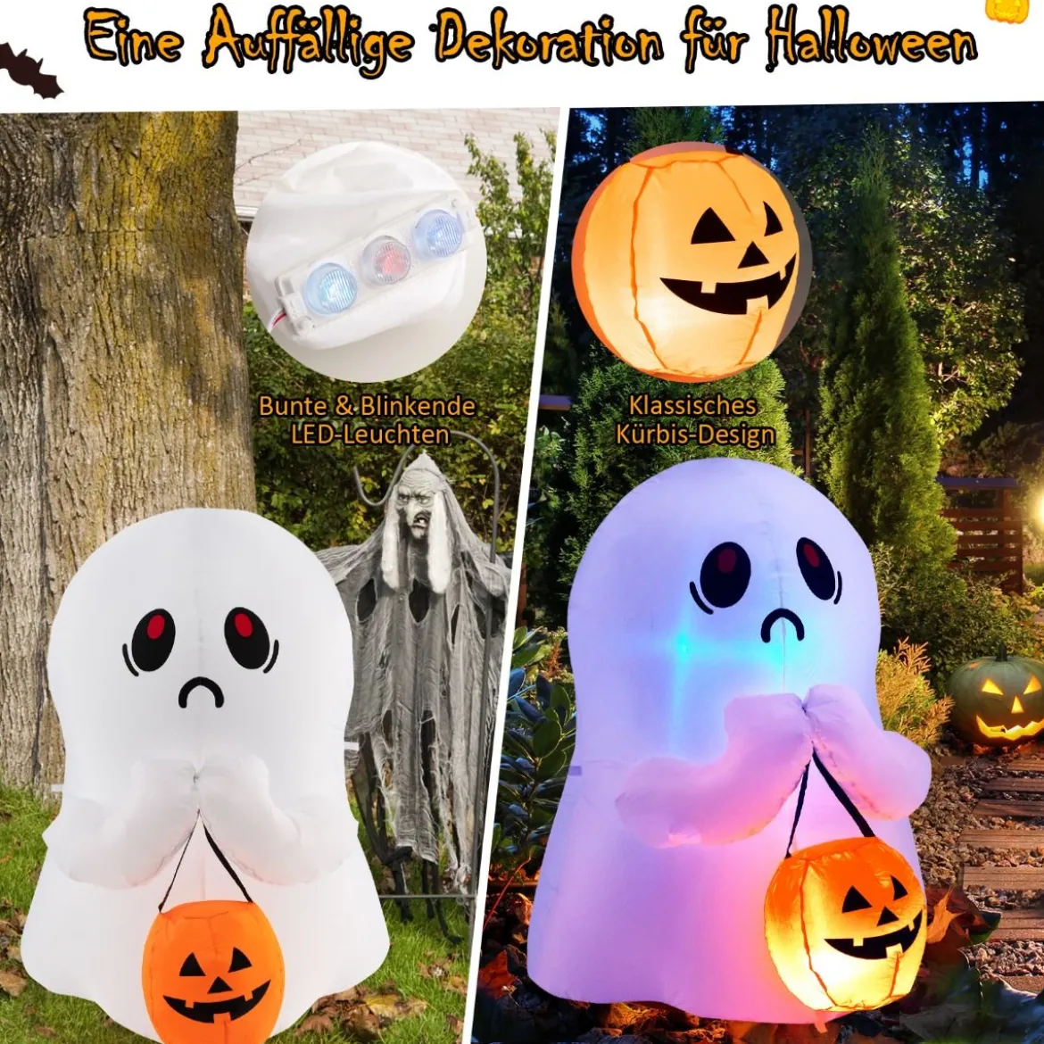 120 cm Aufblasbarer Halloween-Geist mit Kürbis Halloween-Dekoration mit LED-Leuchten Weiß + Orange